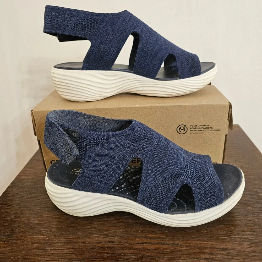 Clarks Cloudsteppers Marin Sail Navy Knit Wedge Sandals Womens 10W 26160799